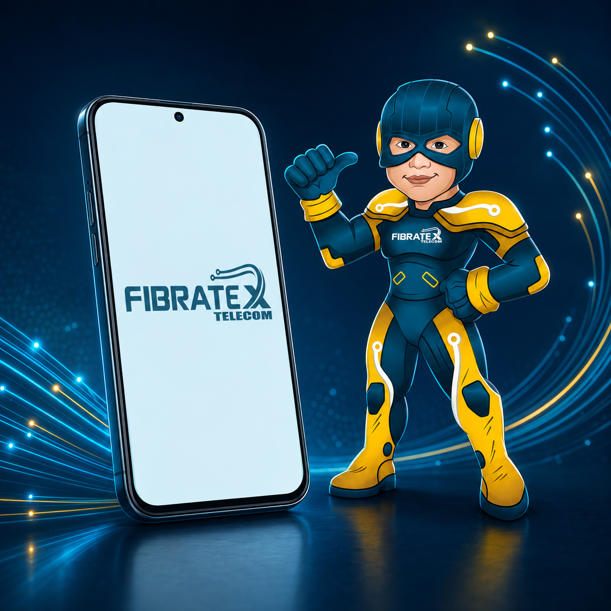 Mascote da Fibratex ao lado de um celular com a marca na tela, em uma ilustração azul e amarela