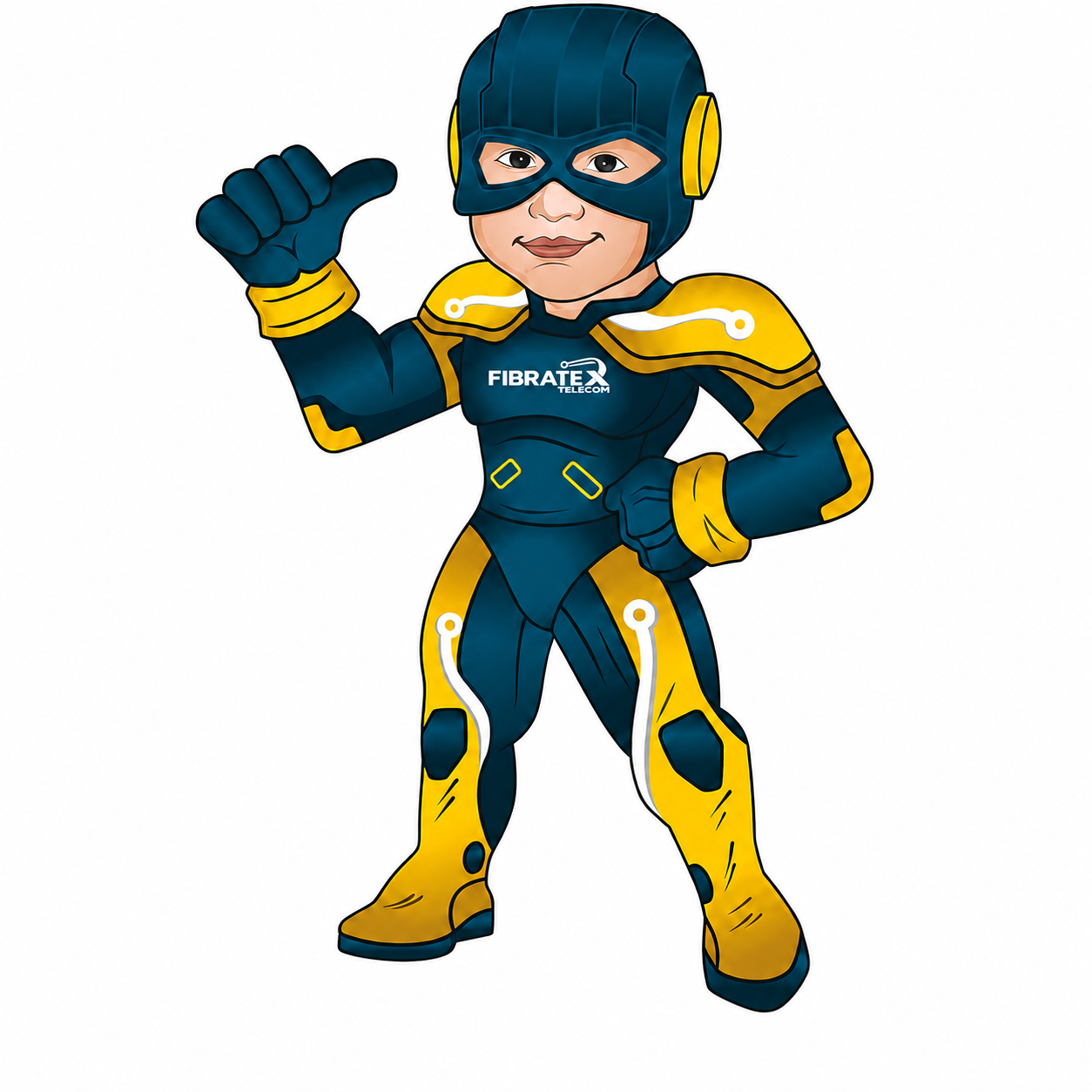 Super-herói da Fibratex, com uniforme azul e amarelo